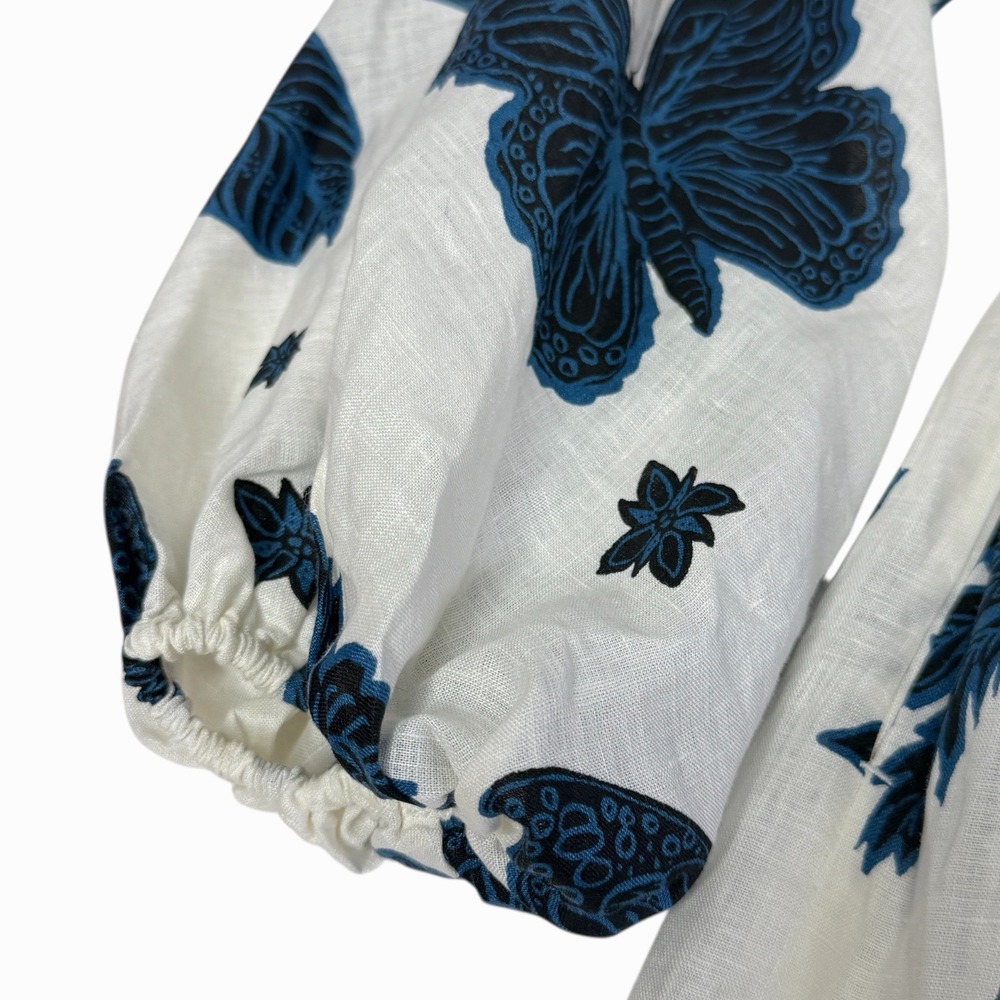 BANANA REPUBLIC Linen Balloon Sleeve Mini Dress Blue Butterfly Palm Print Size 4 - Picture 5 of 15